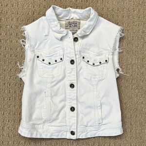 Vintage Zara White Denim Vest with Studded Details & Frayed Hems Size: S